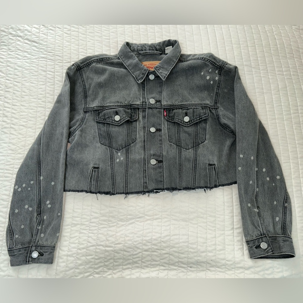 Levis Jacket cropped Women L Gray Trucker  Denim White Paint Splatter [A-51]